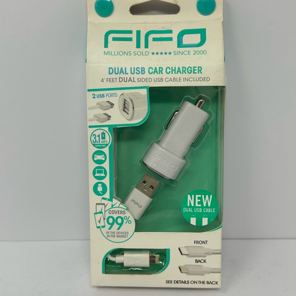 Fifo IPRO USB Car Charger 4ft dual sided cable white Android and Apple Dual Port